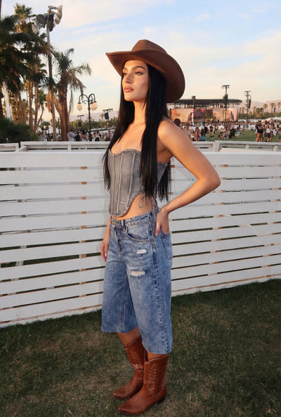 Glam Studded Denim Lace-Up Corset