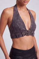 Acid Wash Denim Buckle Halter Top