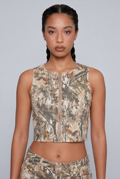 Lettie Forest Camo Zip Crop Top