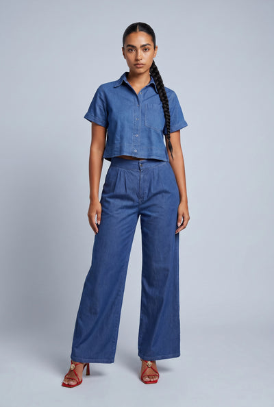Chambray Wide-Leg Pants