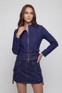 Belted Front Denim Moto Jacket