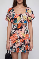 Monstera Print Cutout Peasant Dress