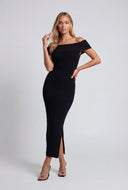 Fold Over Slit Off The Shoulder Dress