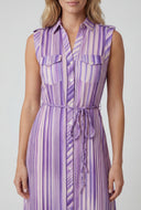 Striped Tie Waist Sleeveless Shirt Dress