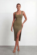 Asymmetrical Slit Bodycon Midi Dress