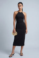 Ruched Sleeveless Midi Halter Dress