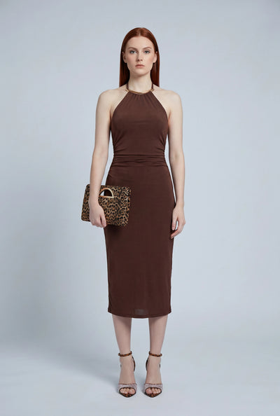 Ruched Sleeveless Midi Halter Dress