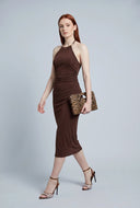 Ruched Sleeveless Midi Halter Dress