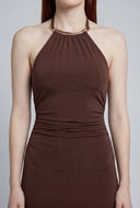 Ruched Sleeveless Midi Halter Dress