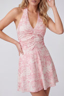 Toile de Jouy Shirred Halter Dress