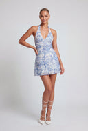 Toile de Jouy Shirred Halter Dress