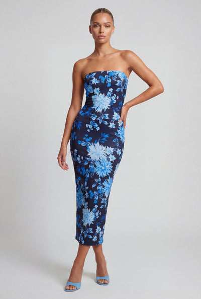 Strapless Floral Midi Tube Dress