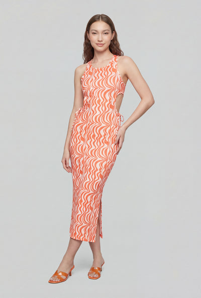 Wavy Drawstring Cutout Midi Dress