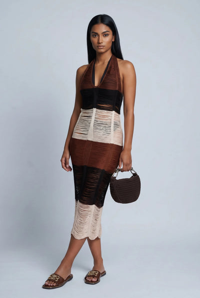 Color Block Distressed Knit Halter Dress