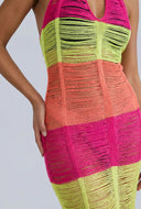 Color Block Distressed Knit Halter Dress