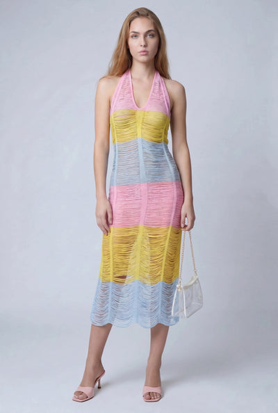 Color Block Distressed Knit Halter Dress