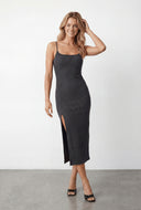 Ribbed Square Neck Slit Midi Dress