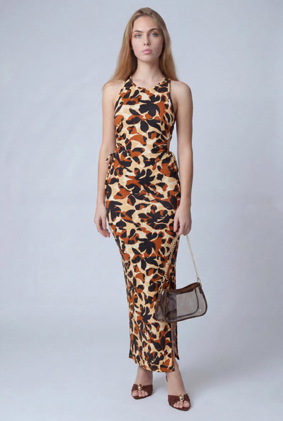 Patterned Drawstring Cutout Maxi Dress