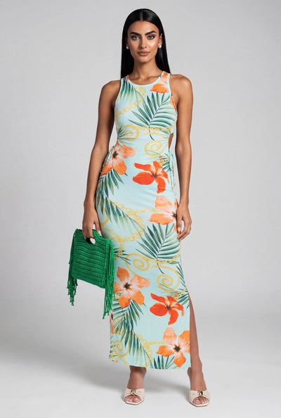 Floral Drawstring Cutout Maxi Dress