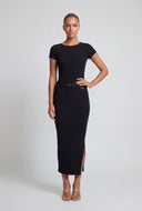 Ribbed Belted Boat Neck Maxi Dress