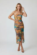 Tropical Leaf Mesh Strapless Midi Dress