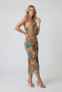 Tropical Leaf Mesh Strapless Midi Dress