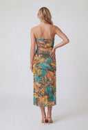Tropical Leaf Mesh Strapless Midi Dress