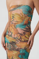 Tropical Leaf Mesh Strapless Midi Dress