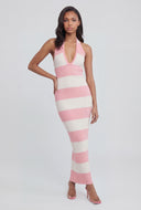 Paulina Striped Plunge Lace-Up Halter Dress