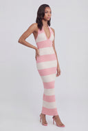 Paulina Striped Plunge Lace-Up Halter Dress