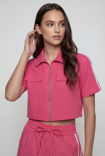 Varsity Stripe Zip Crop Shirt