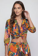 Tropical Leaf Print Tie-Front Crop Shirt