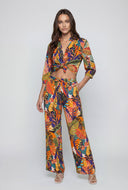 Tropical Leaf Print Tie-Front Crop Shirt
