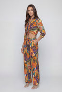 Tropical Leaf Print Tie-Front Crop Shirt