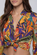 Tropical Leaf Print Tie-Front Crop Shirt