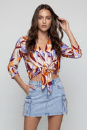 Leaf Print Tie Front Crop Shirt