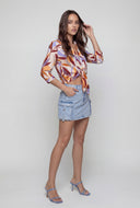 Leaf Print Tie Front Crop Shirt