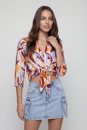 Leaf Print Tie Front Crop Shirt