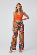Tropical Leaf Print Wide-Leg Pants