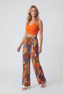Tropical Leaf Print Wide-Leg Pants