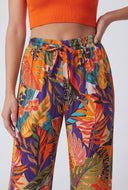 Tropical Leaf Print Wide-Leg Pants