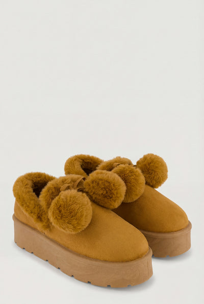 Pom Pom Faux Fur Platform Booties
