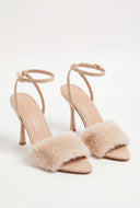 Faux Fur Band Faux Suede Ankle Strap Heels