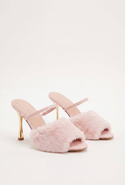 Faux Fur Band Faux Leather High Heels