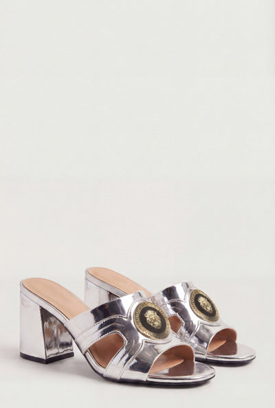 Lion Pendant Open Toe Block Heel Mules