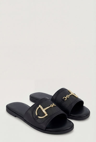 Horsebit Raffia Band Slide Sandals