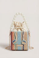 Striped Pearl Strap Raffia Bag