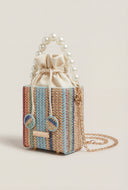 Striped Pearl Strap Raffia Bag