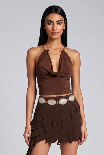 Heidi Cowl Neck Metallic Halter Top