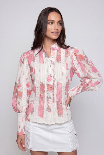 Floral Crochet Trim Puff Sleeve Shirt